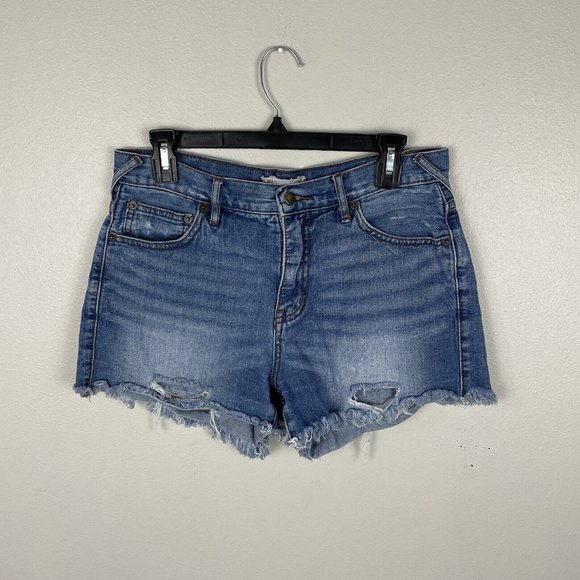 Free People Denim Mini Shorts Cutoff Distressed Raw Hem Size 29 Mid Rise Pockets - Picture 1 of 5